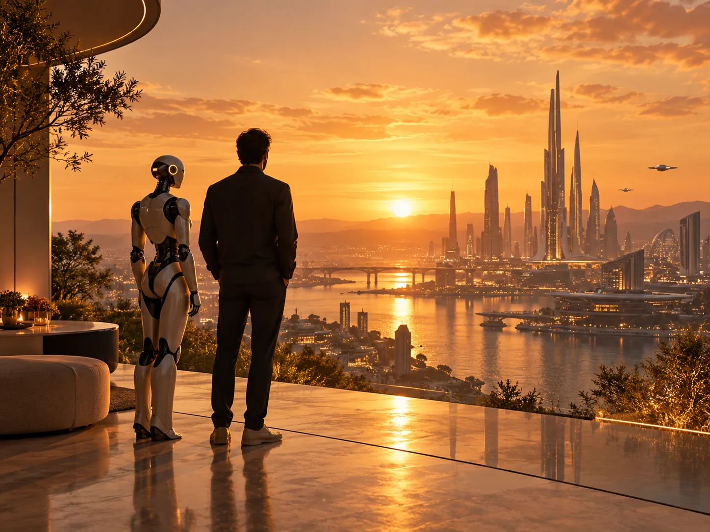 Pessoa e um robô humanoide observando uma cidade futurista ao pôr do sol
