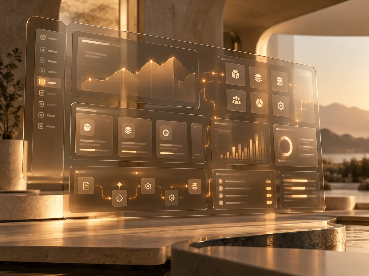 Painel de vidro com dashboard, gráficos, módulos e fluxo de processos em um ambiente iluminado ao pôr do sol